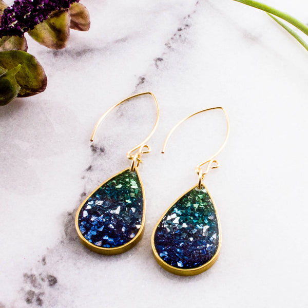 Blue + Green Glass Glitter Raindrop Earrings