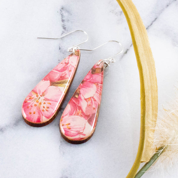 Teardrop Pink Watercolor Cherry Blossom Earrings
