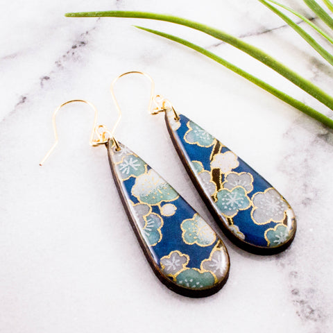 Dusky Blue Cherry Blossom Teardrop Earrings