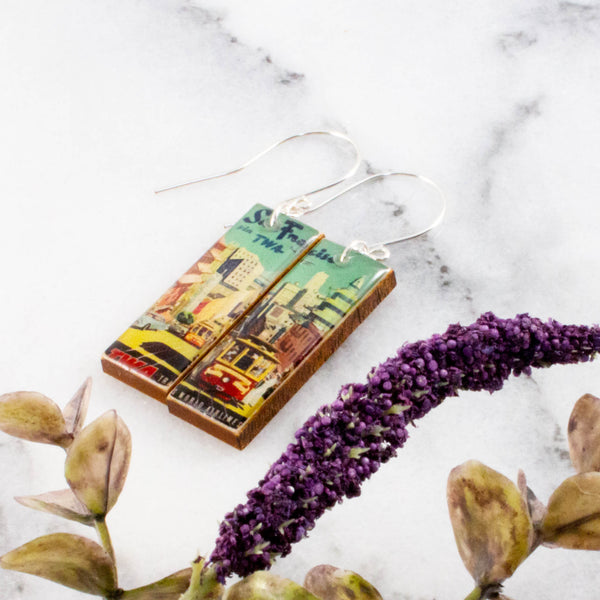 CALIFORNIA- Vintage San Francisco Airline Trolley Travel Poster Earrings