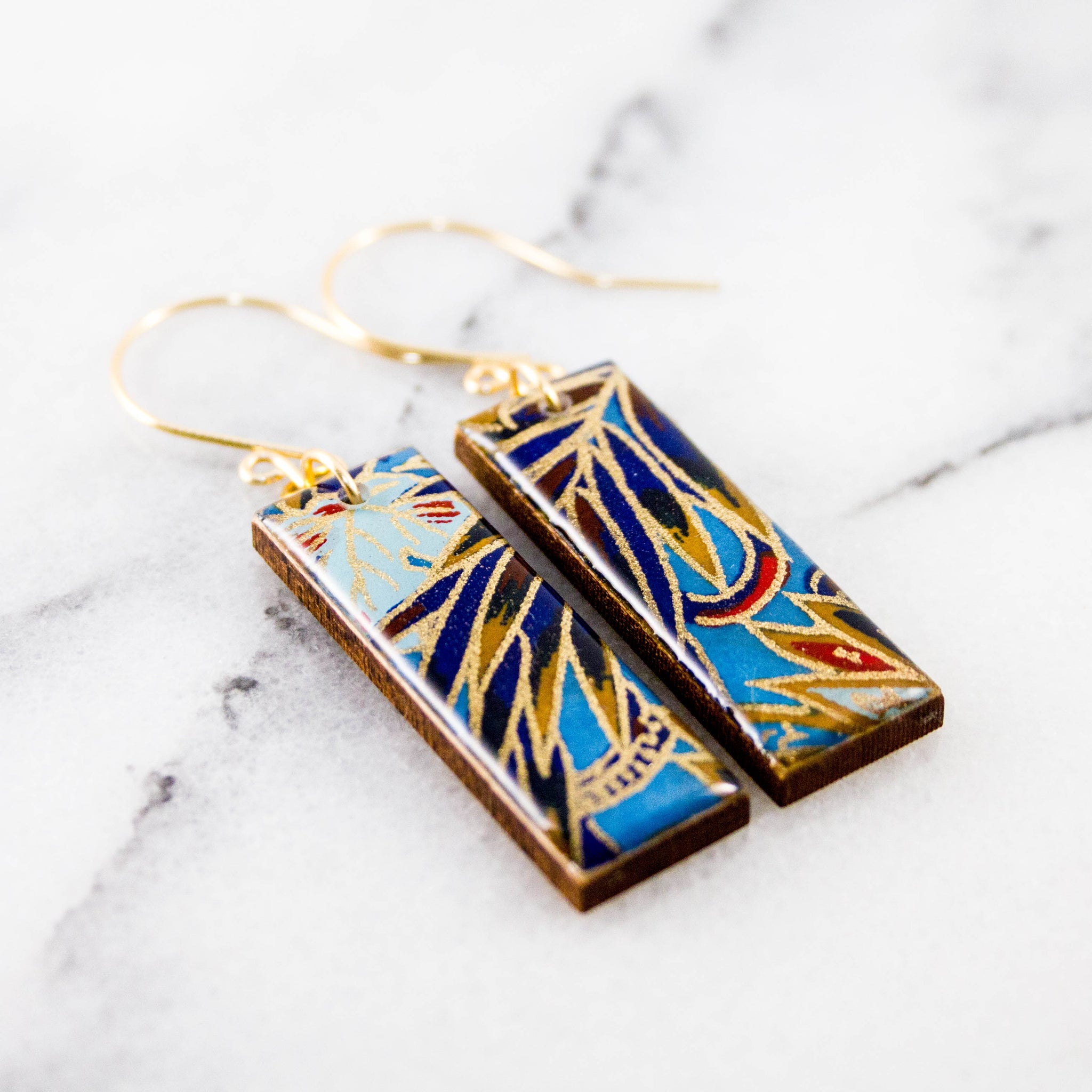 Blue + Red Tropical Leaf Rectangle Earrings