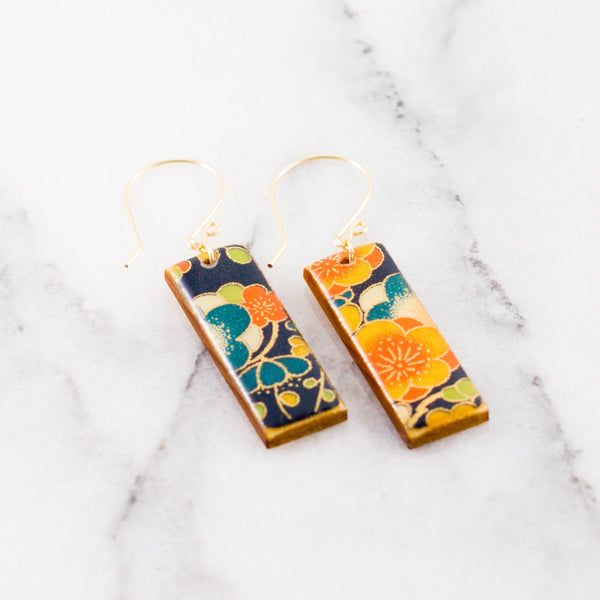 Navy + Gold Floral Rectangle Earrings