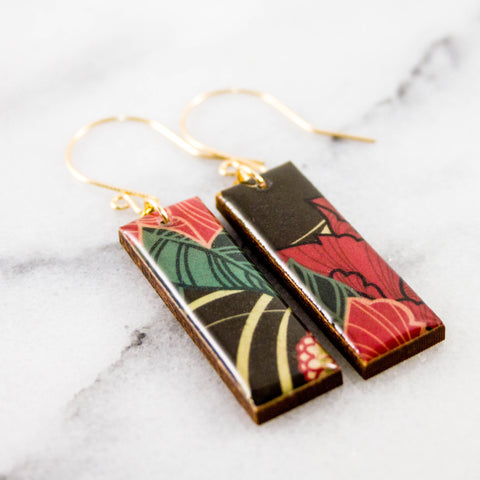 Black + Teal + Pink Japanese Floral Rectangle Earrings