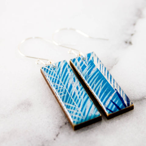 Blue Stripe Leaf Rectangle Earrings