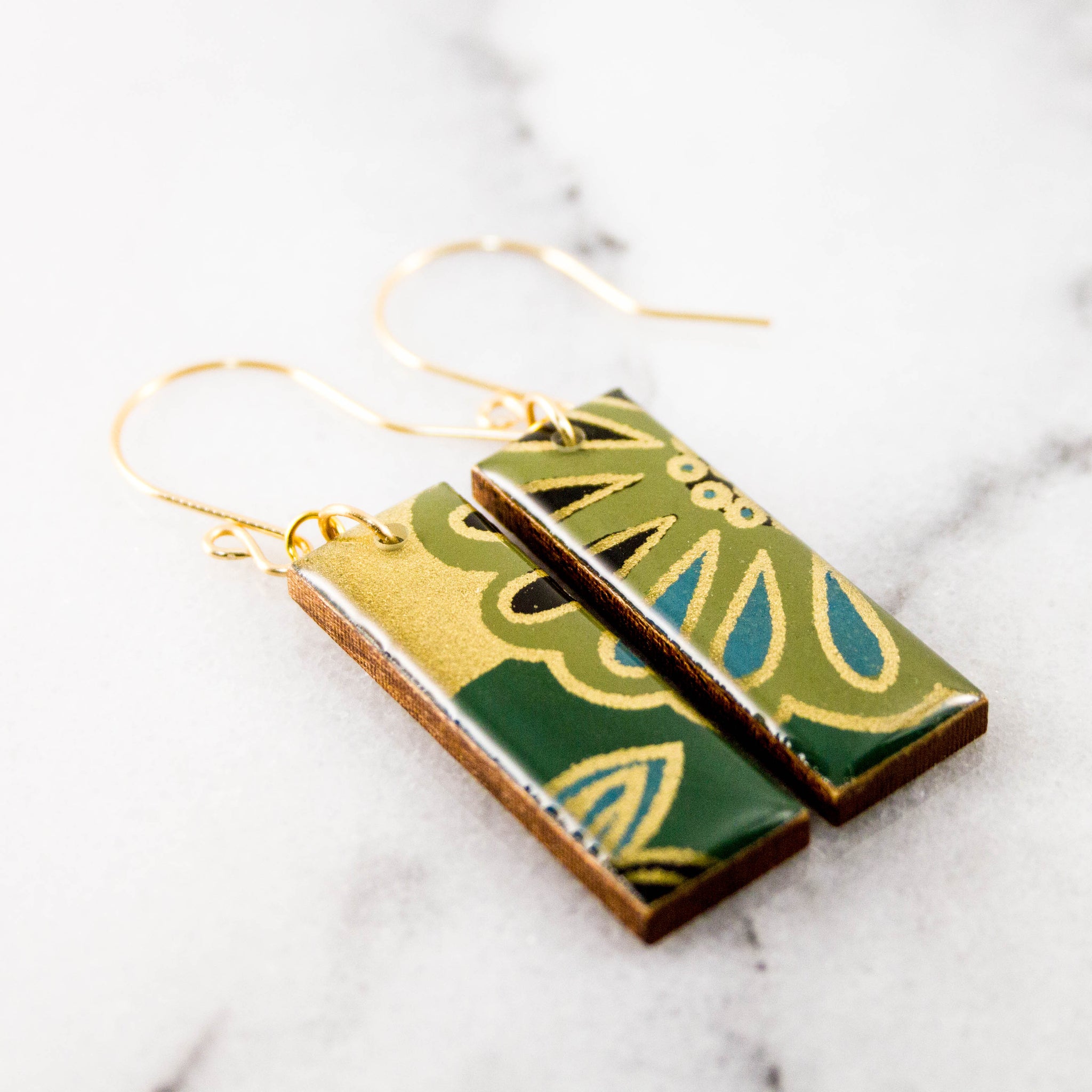 Green + Gold Japanese Floral Rectangle Earrings