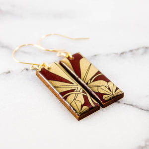 Maroon + Gold Nouveau Floral Rectangle Earrings