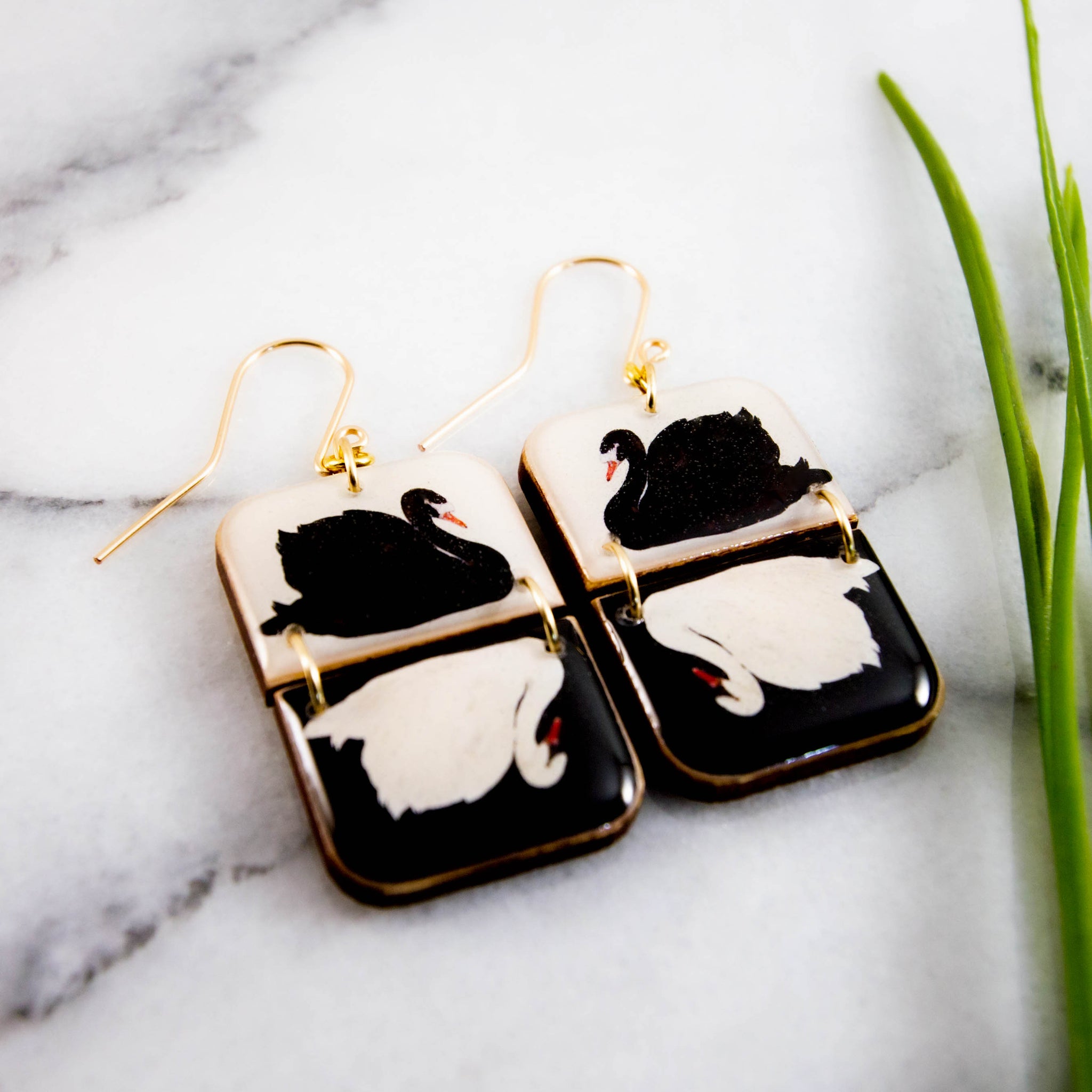 French Swan Half Rectangle Stack Earrings