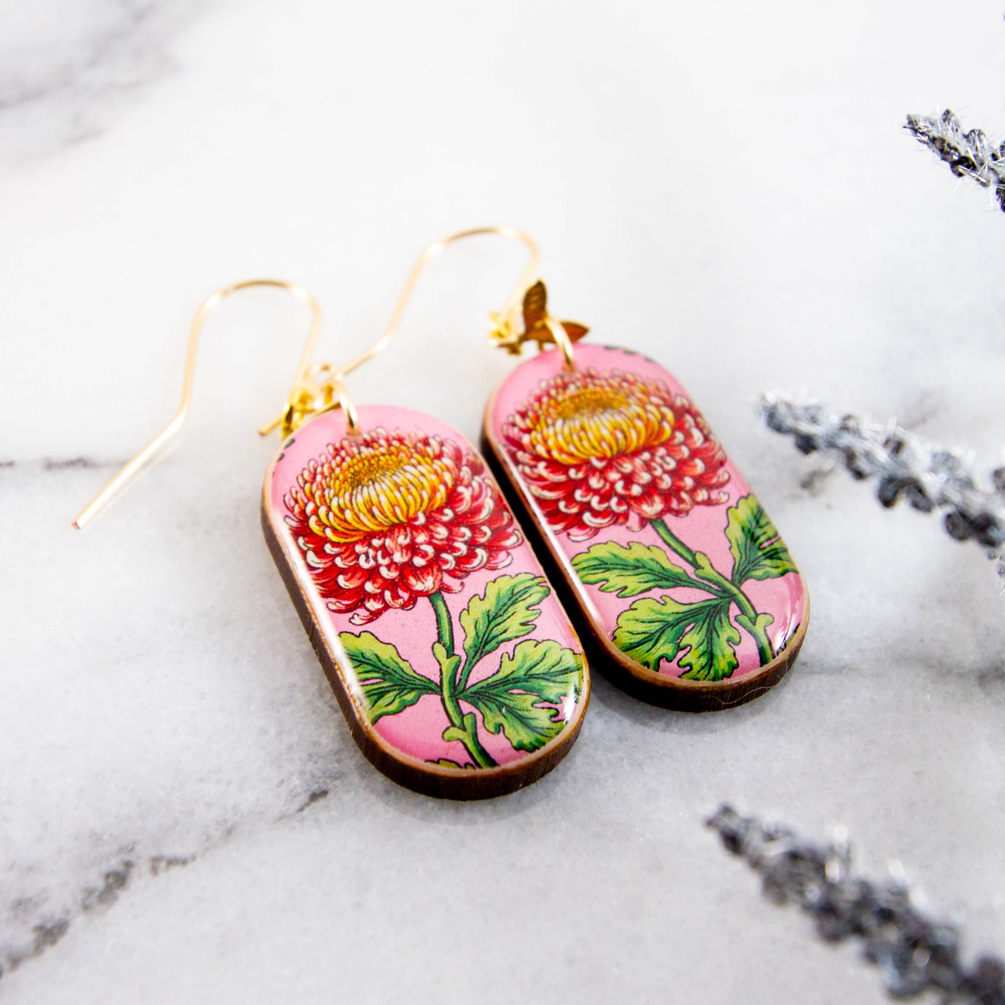 Pink Chrysanthemum Flower Oblong Earrings