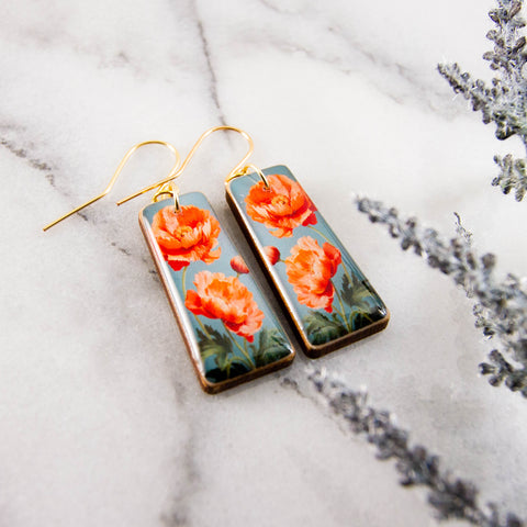 Bold Orange Poppy Flower Tapered Rectangle Earrings