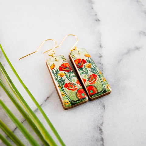 Art Nouveau Poppy Garden Tapered Rectangle Earrings