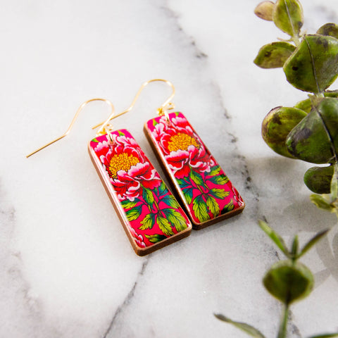 Bold Magenta Peony Tapered Rectangle Earrings