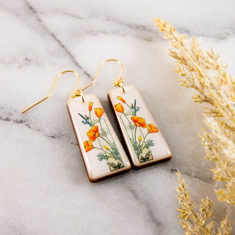 Art Deco California Poppy Floral Tapered Rectangle Earrings