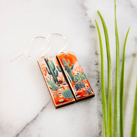 Vintage Western Desert Cactus Rectangle Earrings