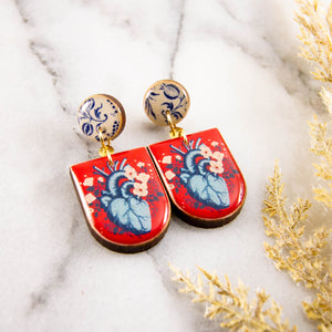 Vintage Anatomical Heart Floral Drop Post Earrings