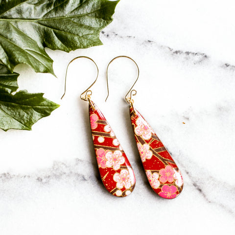 Teardrop Red Cherry Blossom Japanese Paper Earrings - No Man's Land Artifacts