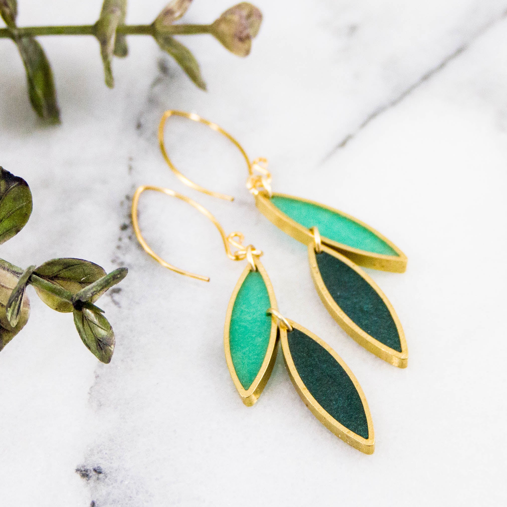 Spring Green Brass Leaf Earrings