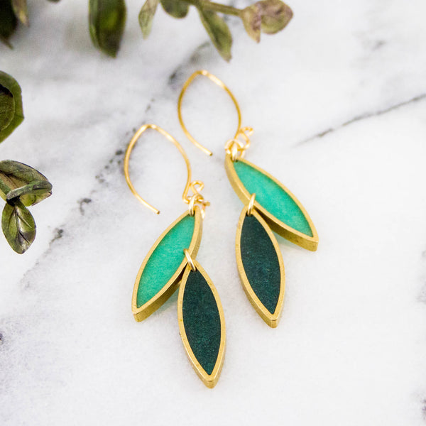 Spring Green Brass Leaf Earrings