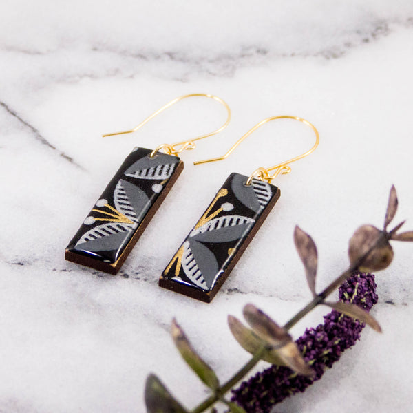Black + Gold Mod Floral Rectangle Earrings