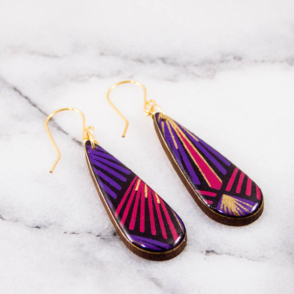 Teardrop Purple + Gold Deco Earrings