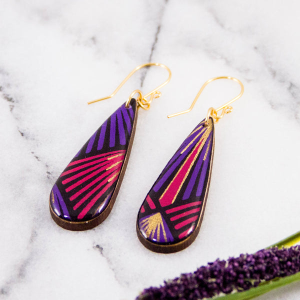 Teardrop Purple + Gold Deco Earrings