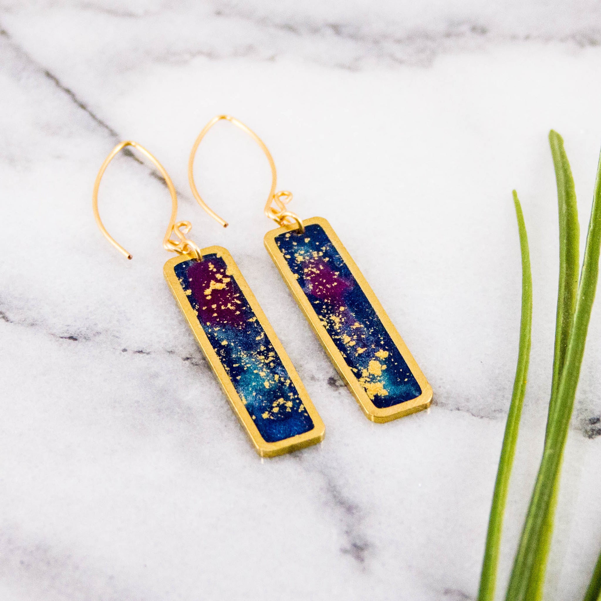 Petite Galaxy Rectangle Brass Earrings