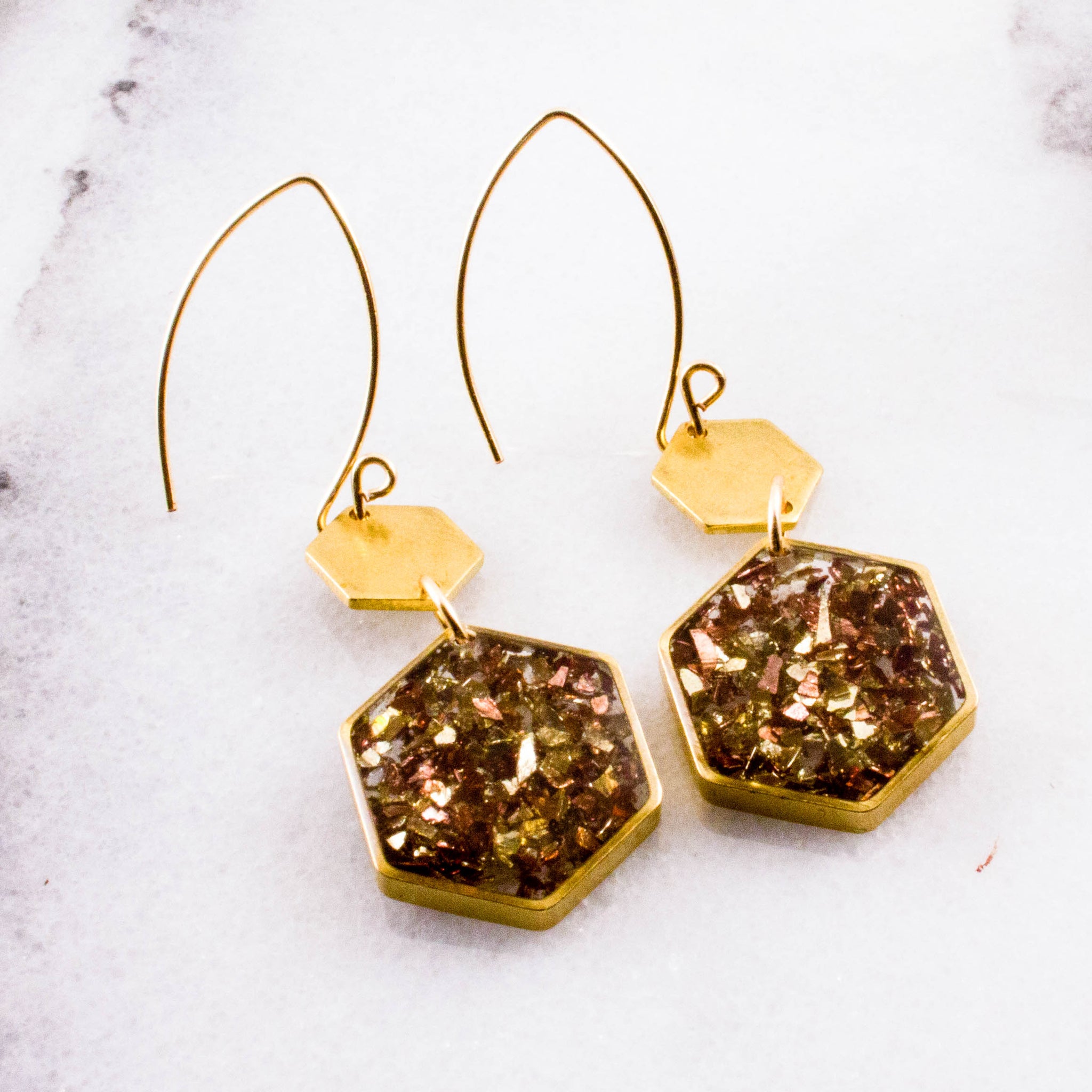 Gold + Copper Glass Glitter Honeycomb Brass Earrings