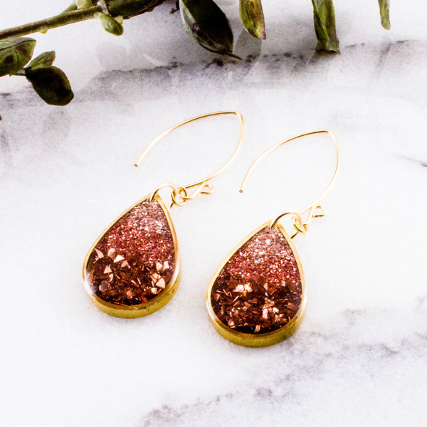Blush + Copper Glass Glitter Raindrop Earrings