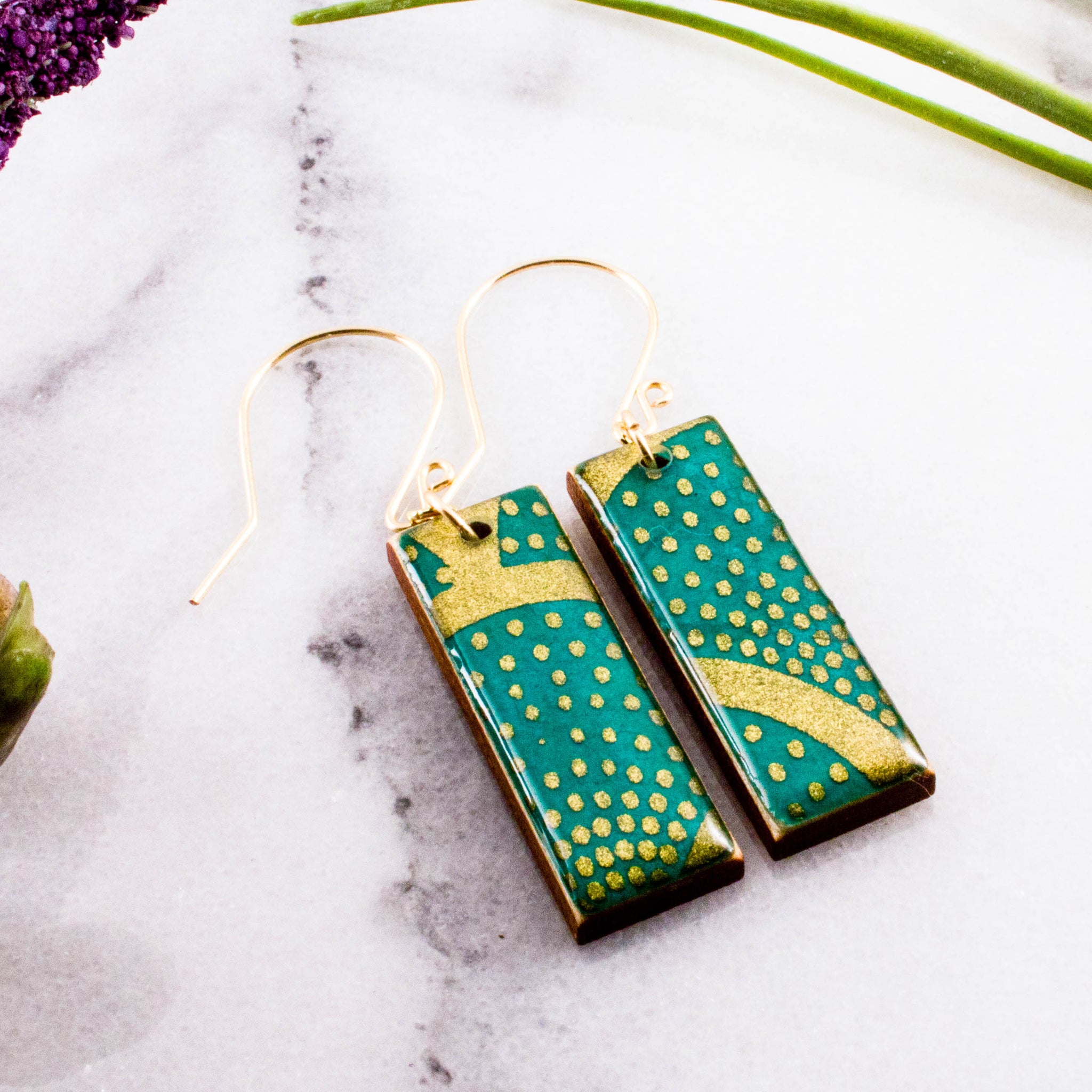 Turquoise + Gold Deco Rectangle Earrings