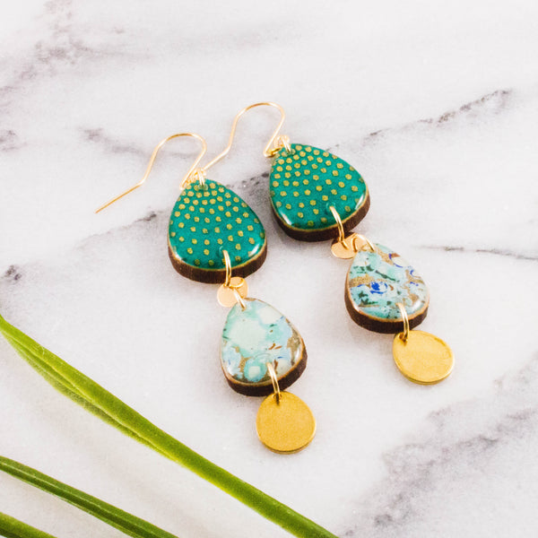 Triple Long Raindrop Earrings- Turquoise + Gold