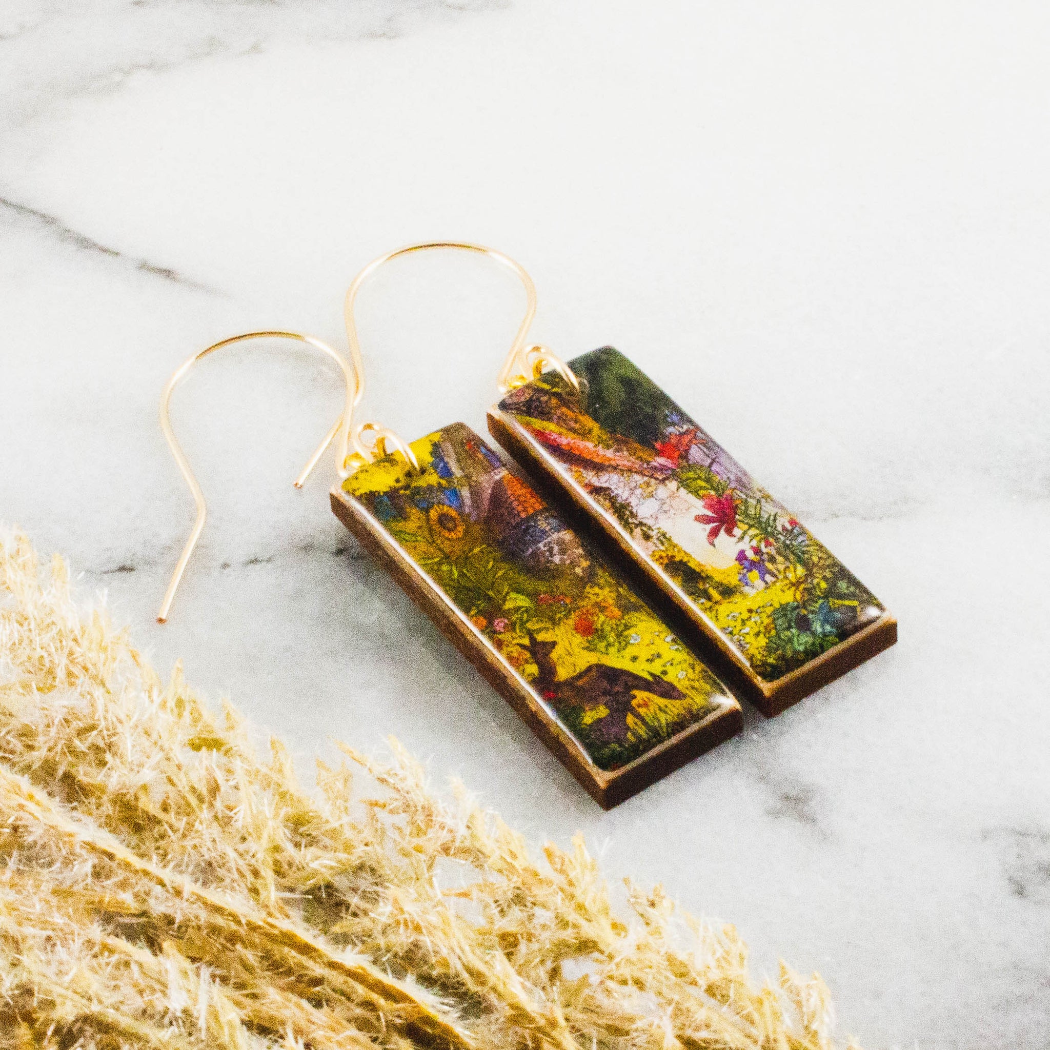 Vintage Forest Cottage Rectangle Earrings