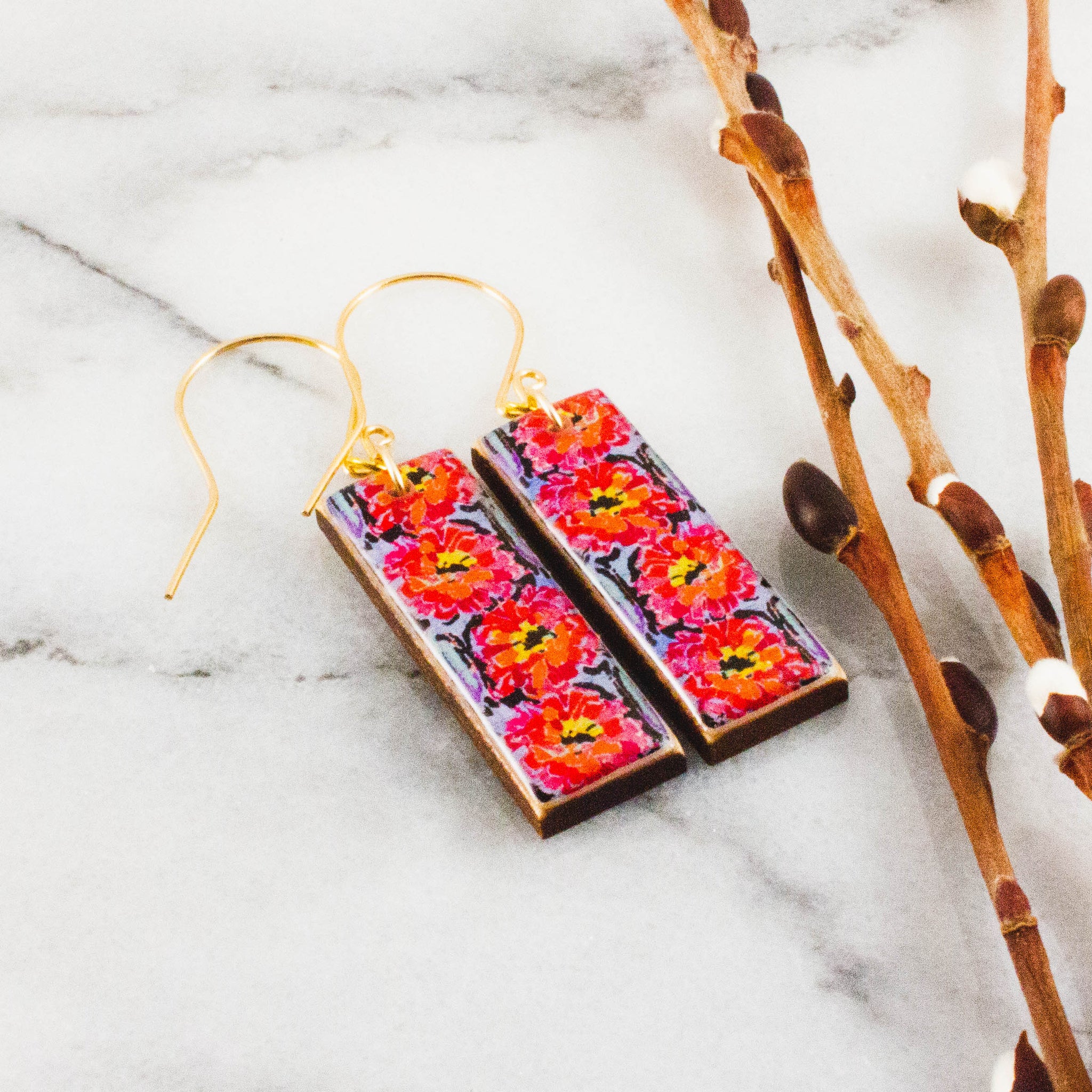 Painted Dahlia Rectangle Earrings