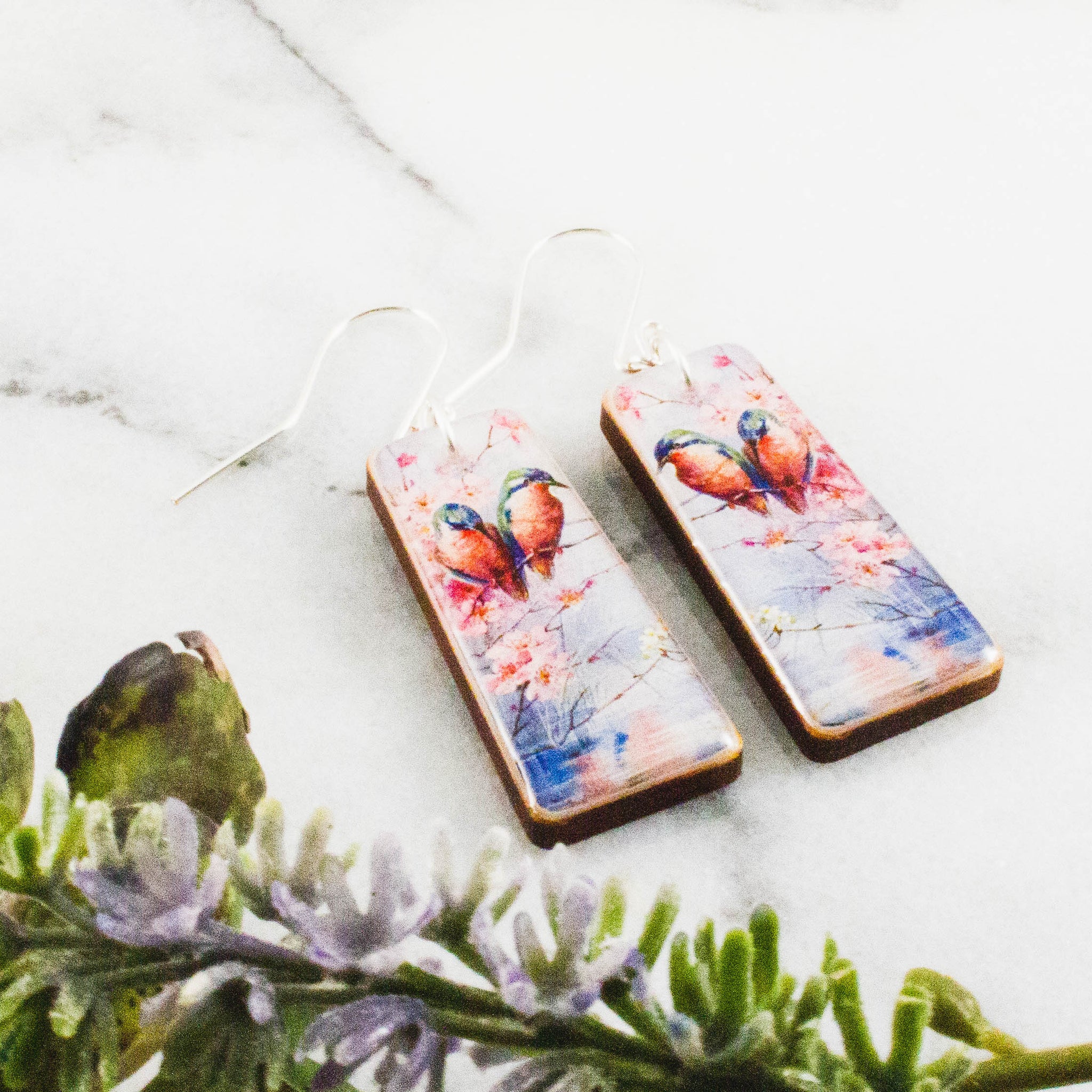 Birds + Cherry Blossoms Tapered Rectangle Earrings