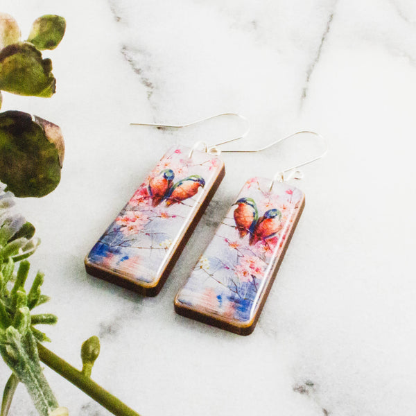 Birds + Cherry Blossoms Tapered Rectangle Earrings