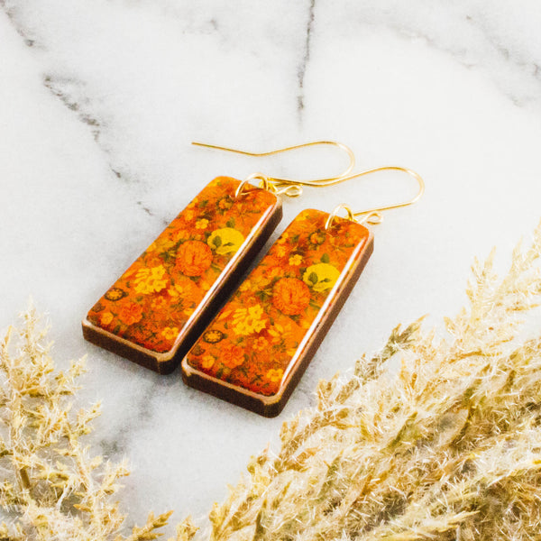 Vintage Gold + Orange Floral Tapered Rectangle Earrings