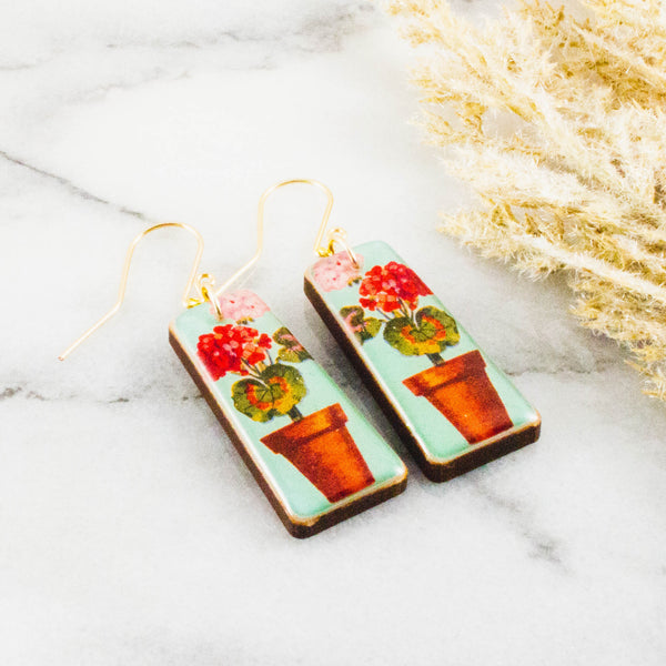 Potted Begonia Vintage Matchbook Tapered Rectangle Earrings
