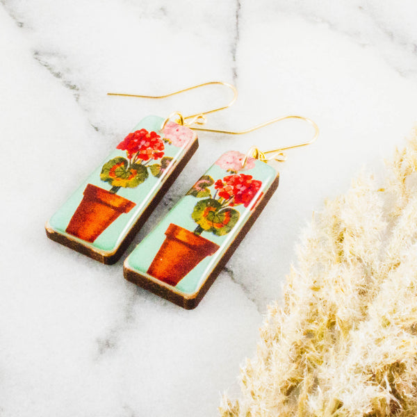Potted Begonia Vintage Matchbook Tapered Rectangle Earrings