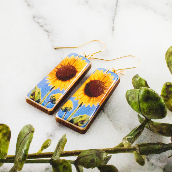 Sunflower Vintage Matchbook Tapered Rectangle Earrings