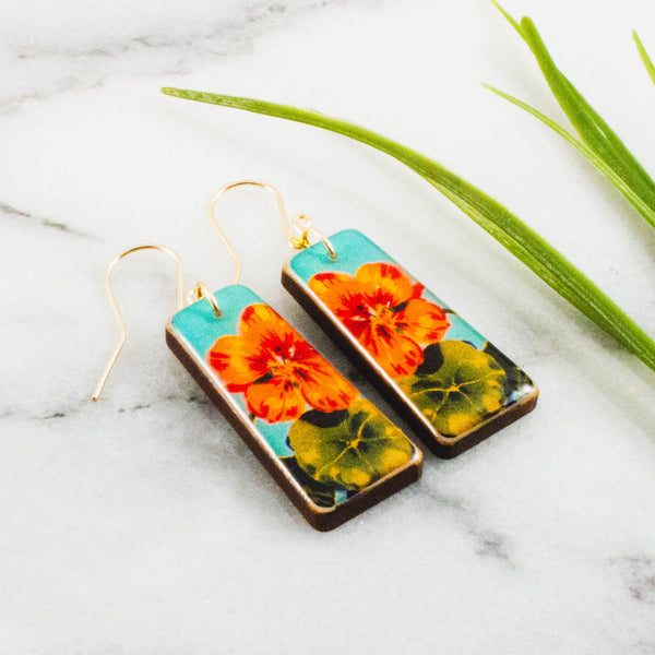 Nasturtium Vintage Matchbook Tapered Rectangle Earrings