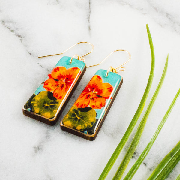 Nasturtium Vintage Matchbook Tapered Rectangle Earrings