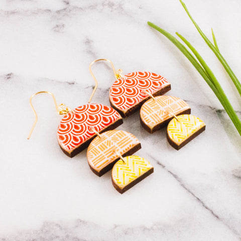 Red and Gold Wave Japanese Paper and Wood Earrings