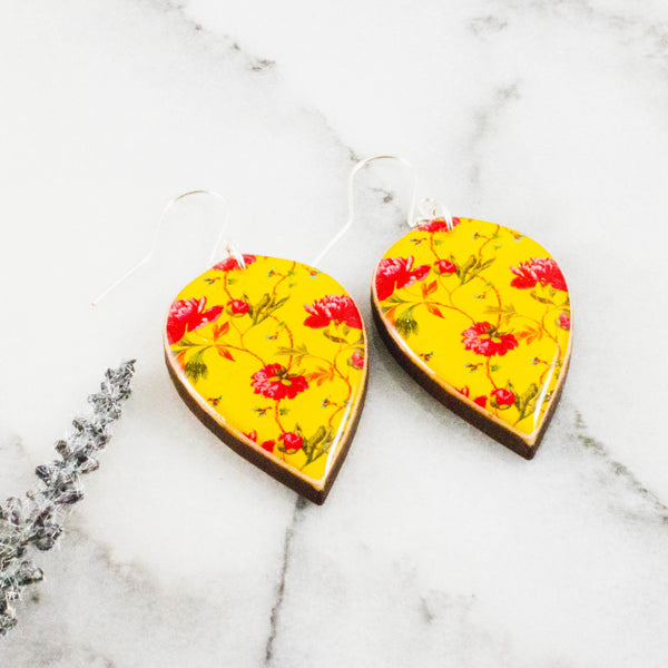 Bright Yellow and Pink Floral Large Leaf Earrings