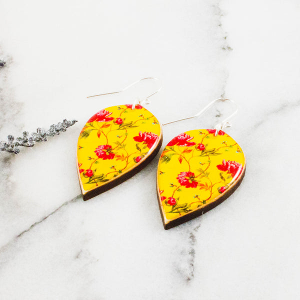 Bright Yellow and Pink Floral Large Leaf Earrings