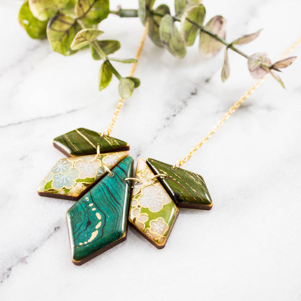 Japanese Geometric Petals Necklace... Turquoise + Green Marble