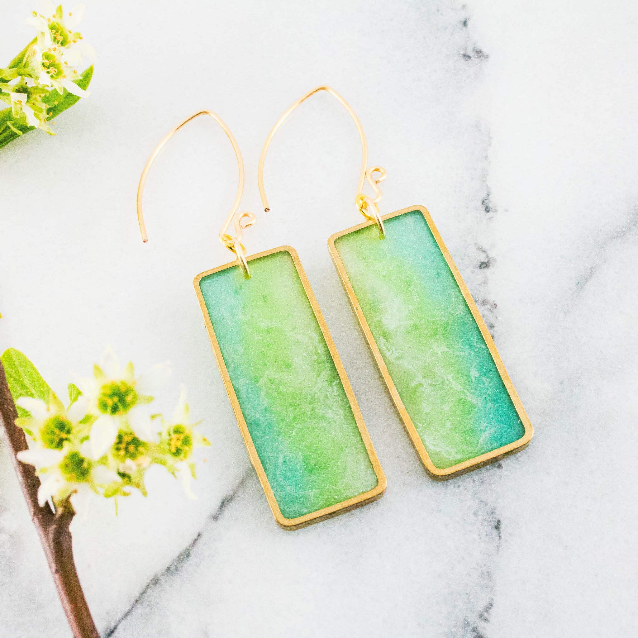 Lime + Aqua Ombre Brass Rectangle Earrings
