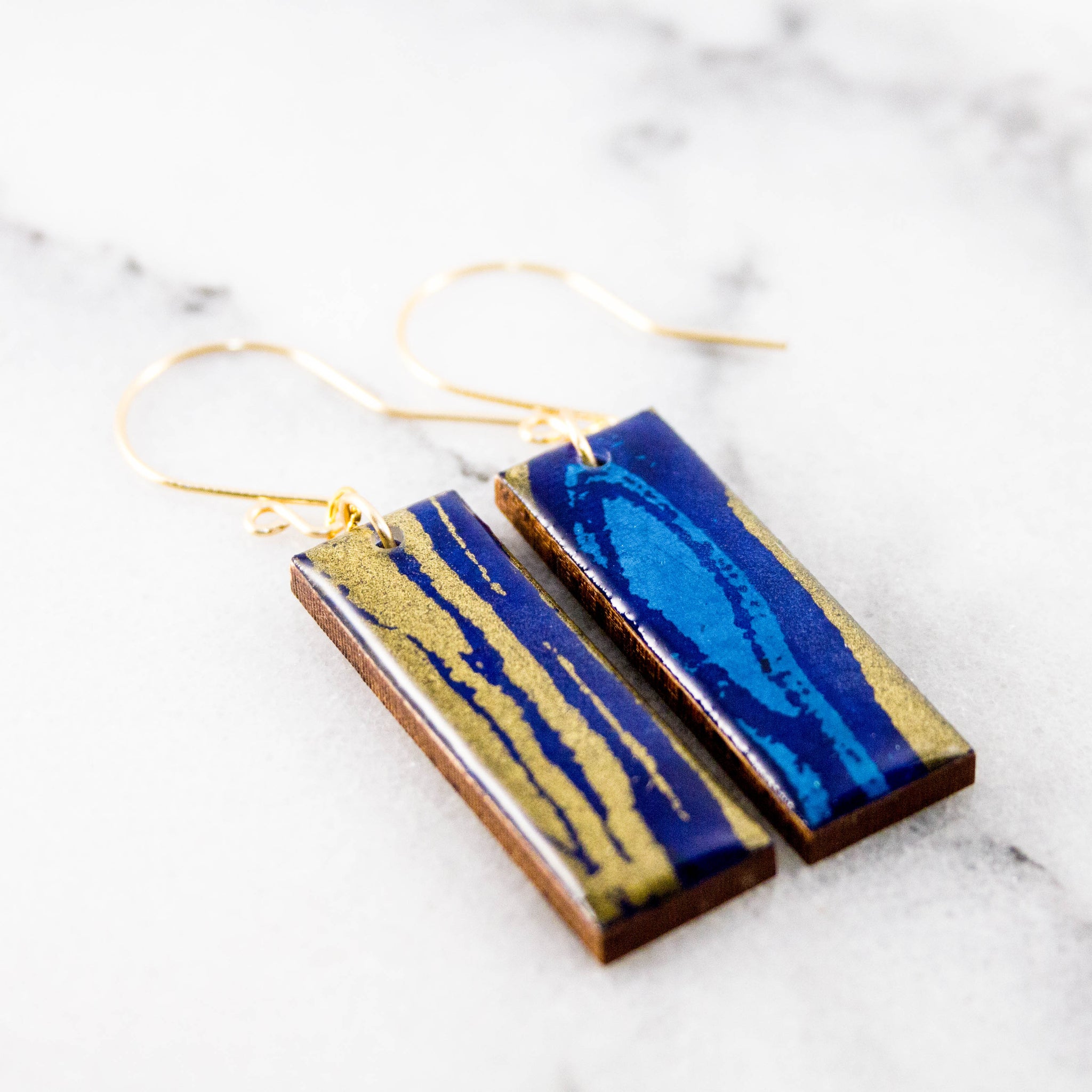 Blue + Gold Woodgrain Rectangle Earrings