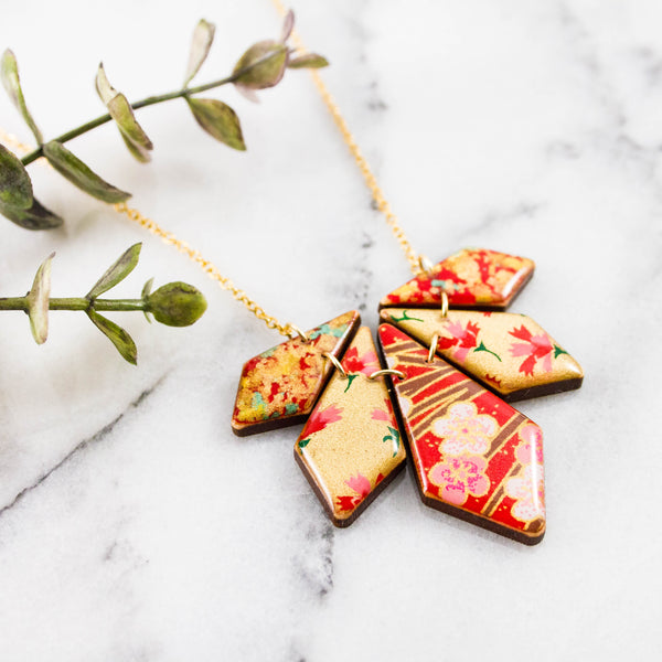 Japanese Geometric Petals Necklace... Red + Gold