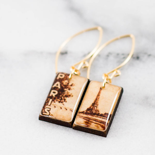 FRANCE- Sepia Paris Eiffel Tower Vintage Poster Stamp Earrings