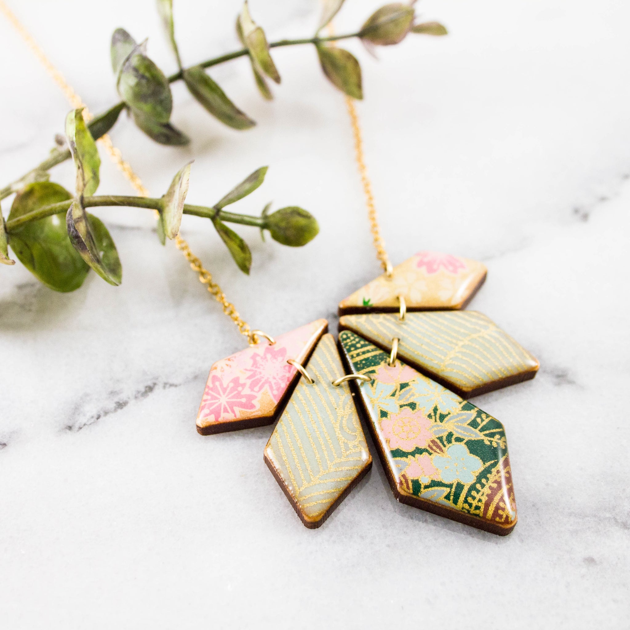 Japanese Geometric Petals Necklace... Deep Green Floral