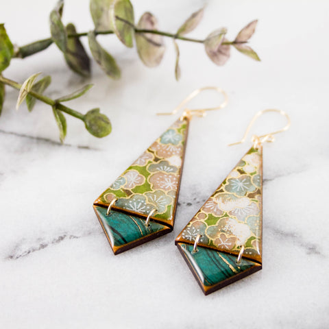 Japanese Double Triangle Earrings- Green Floral