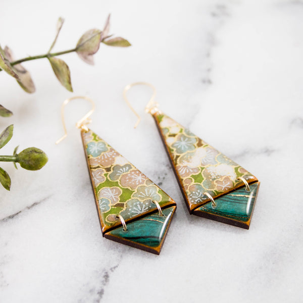 Japanese Double Triangle Earrings- Green Floral